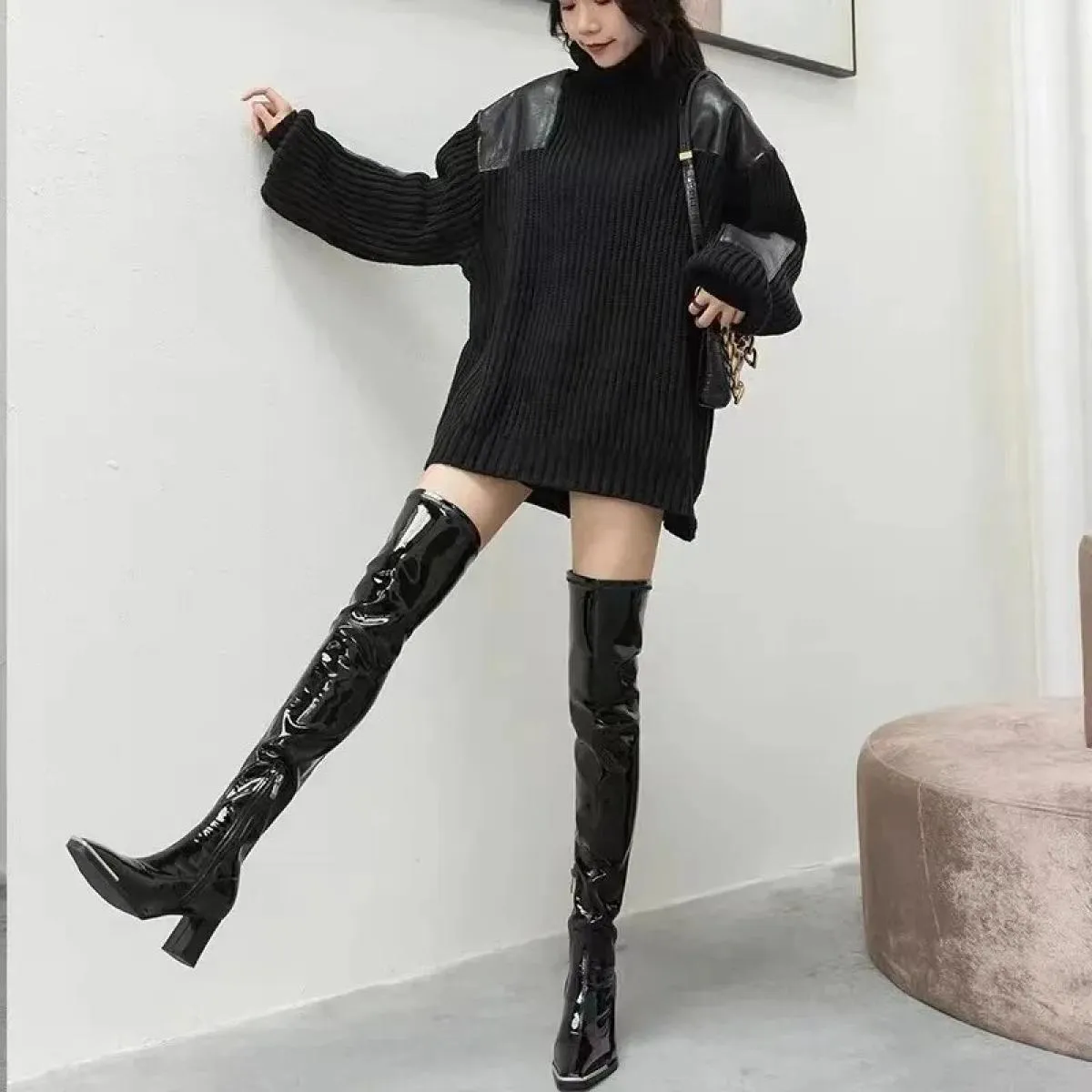 2024 Donne di Vendita Calde Scarpe Moda Tacco Quadrato Inverno Moderno Sopra Il Ginocchio Stivali Piegati A Punta Antiscivolo So