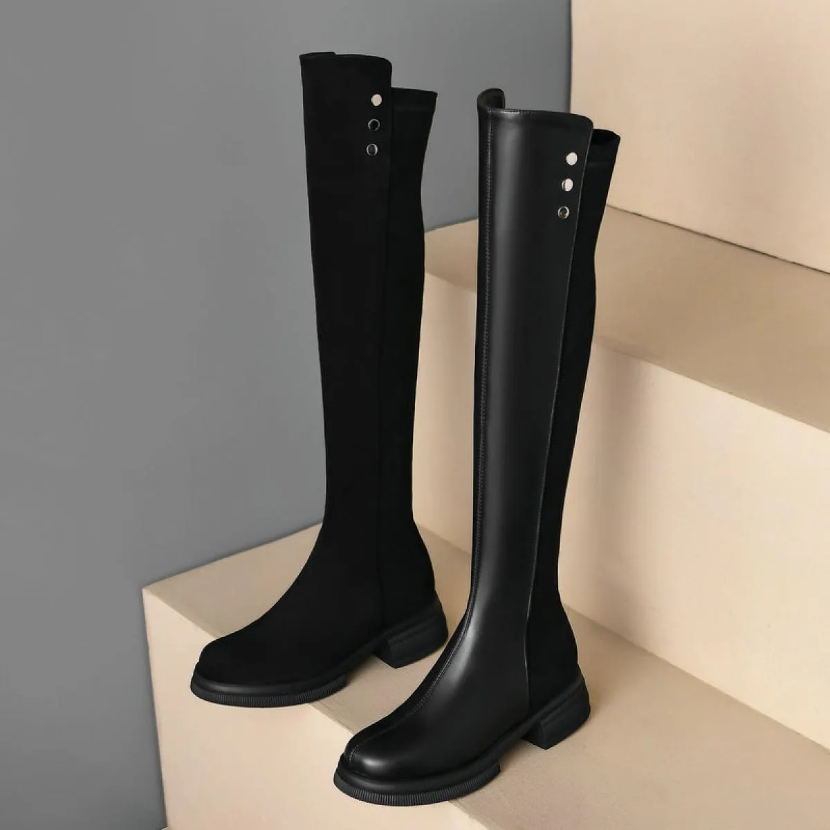 2024 Stivali sopra il ginocchio da donna in pelle scamosciata sintetica Moda punta tonda spessa tacco medio cerniere scarpe casu