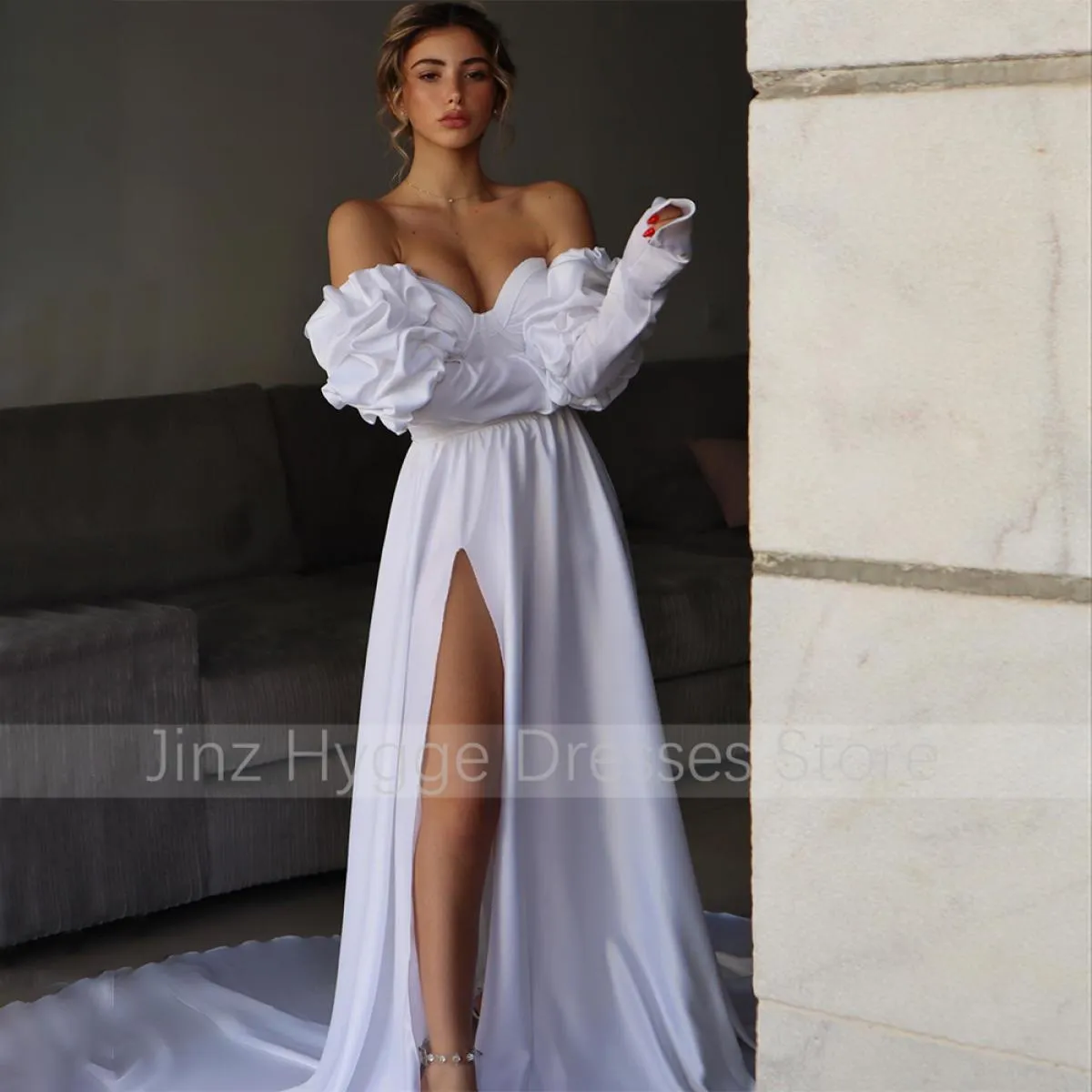 Abito da sposa semplice Sweetheart Abiti da sposa spaccati al ginocchio per le donne 2023 Sposa maniche lunghe staccabili Abiti