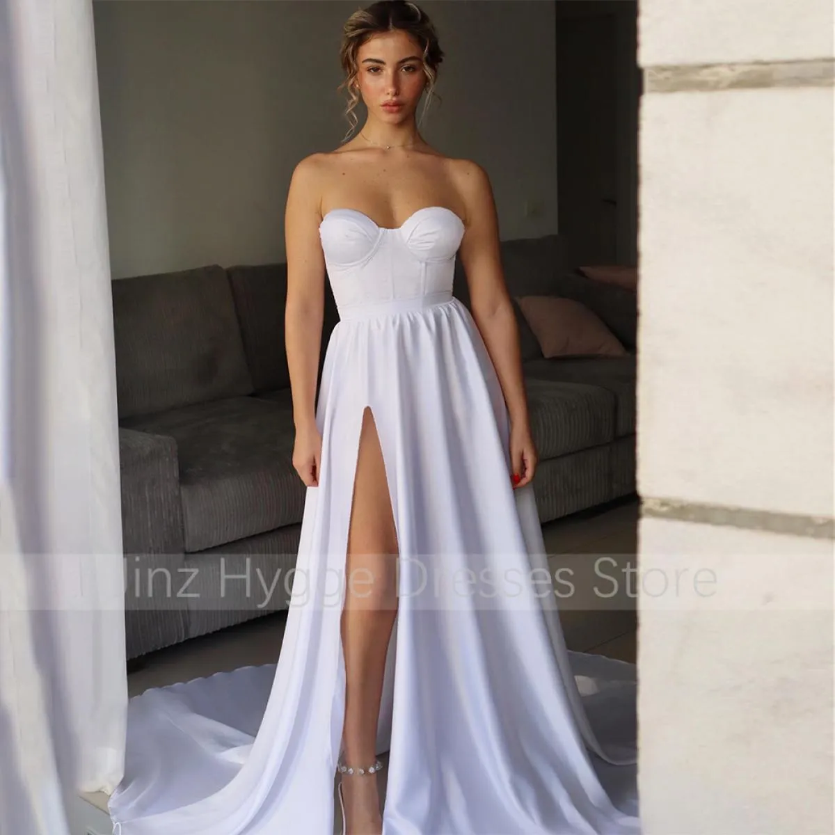 Abito da sposa semplice Sweetheart Abiti da sposa spaccati al ginocchio per le donne 2023 Sposa maniche lunghe staccabili Abiti
