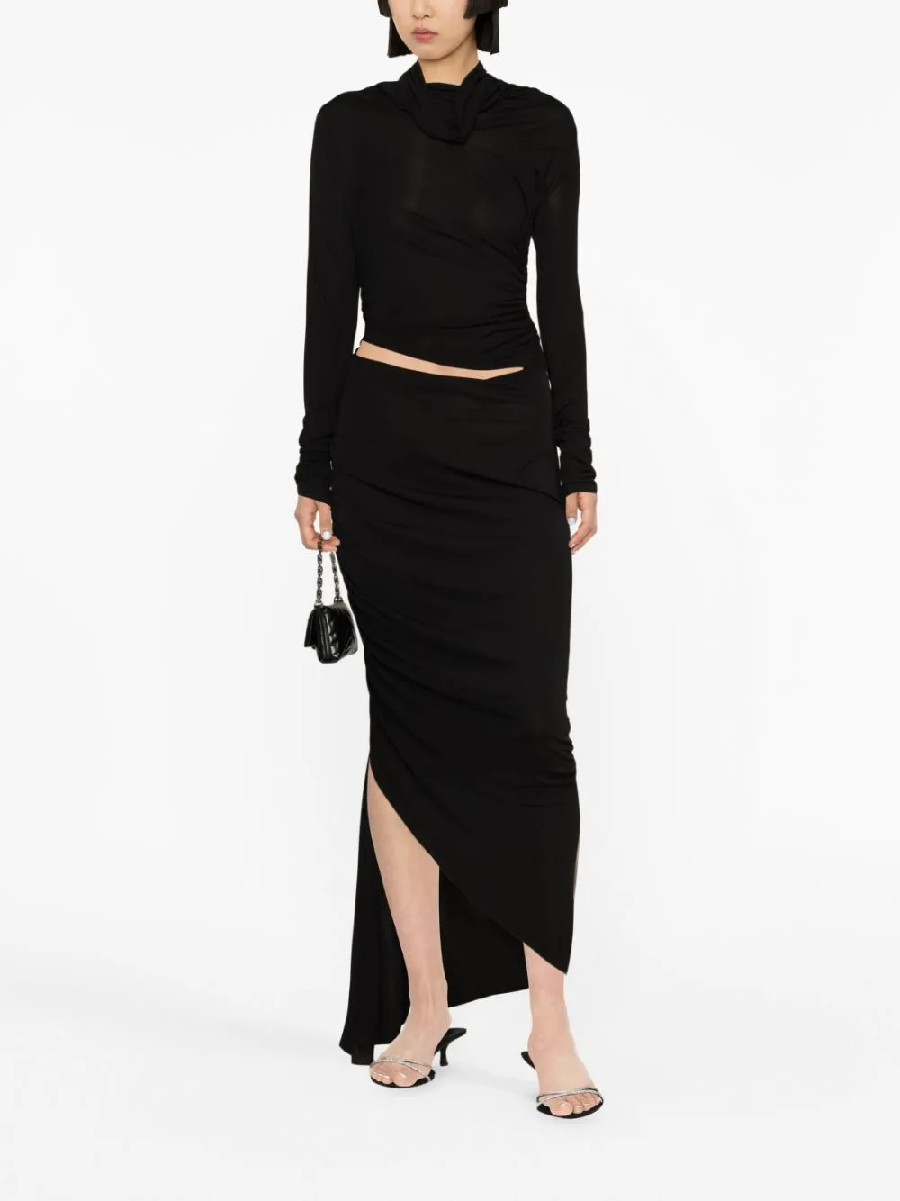 Abito midi asimmetrico drappeggiato in nero - donna