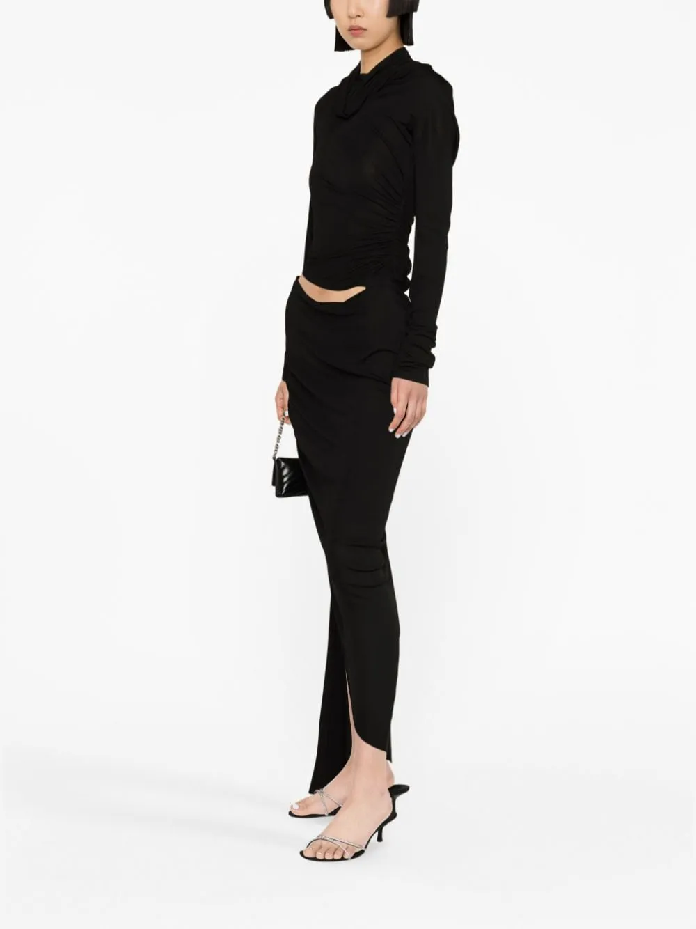 Abito midi asimmetrico drappeggiato in nero - donna