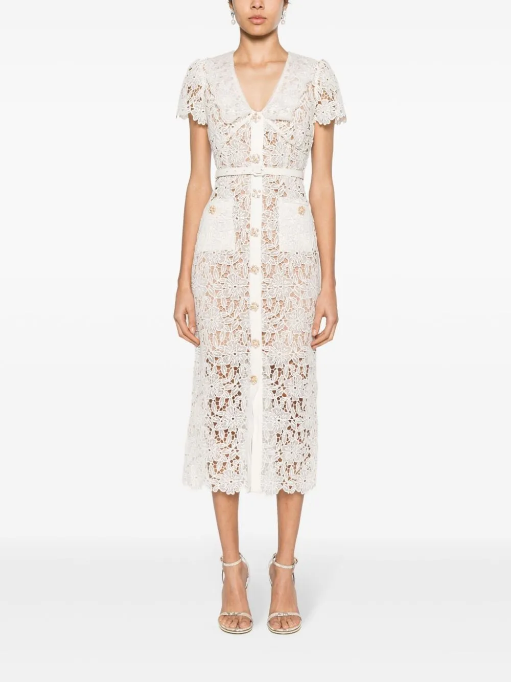 Abito midi in pizzo color crema - donna