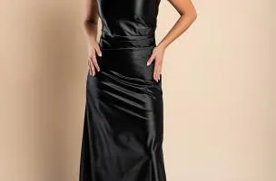 Abito midi in simil raso, nero