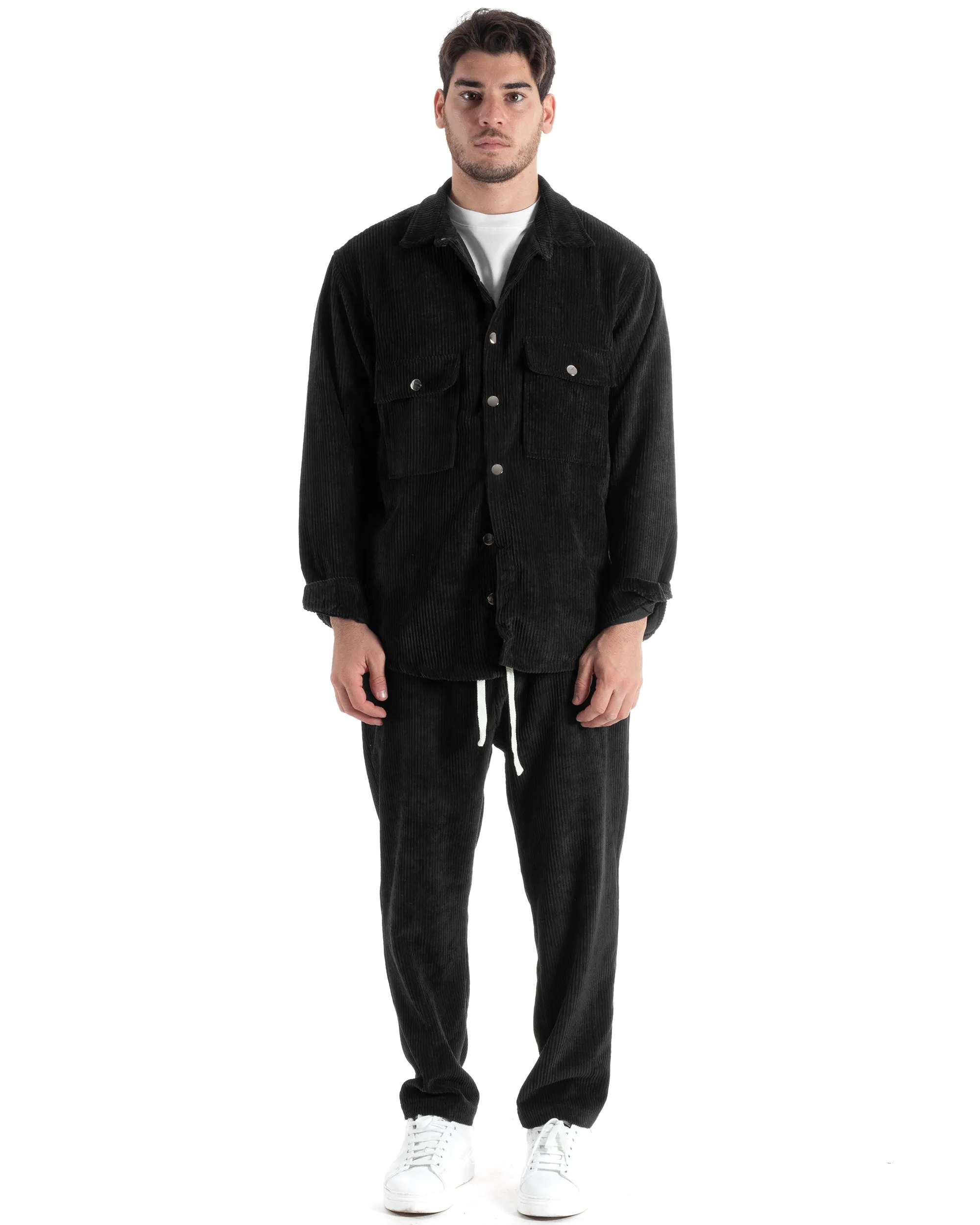 Completo Set Coordinato Uomo Velluto Costine Camicia Con Colletto Pantalaccio Outfit Nero GIOSAL-OU2436A