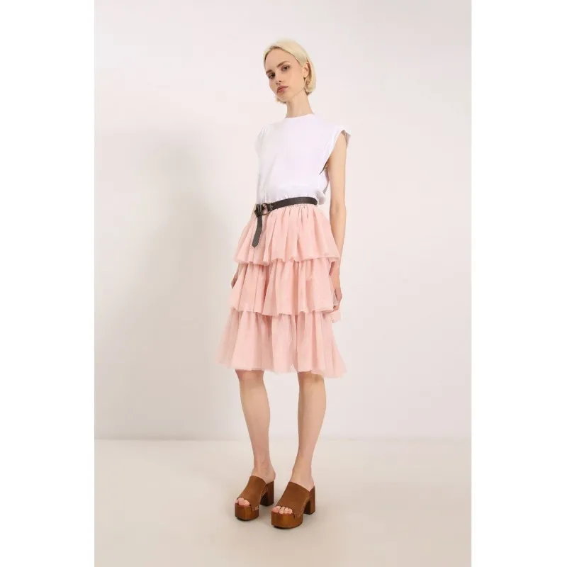 DIXIE abito midi con cintura e gonna a balze effetto tulle