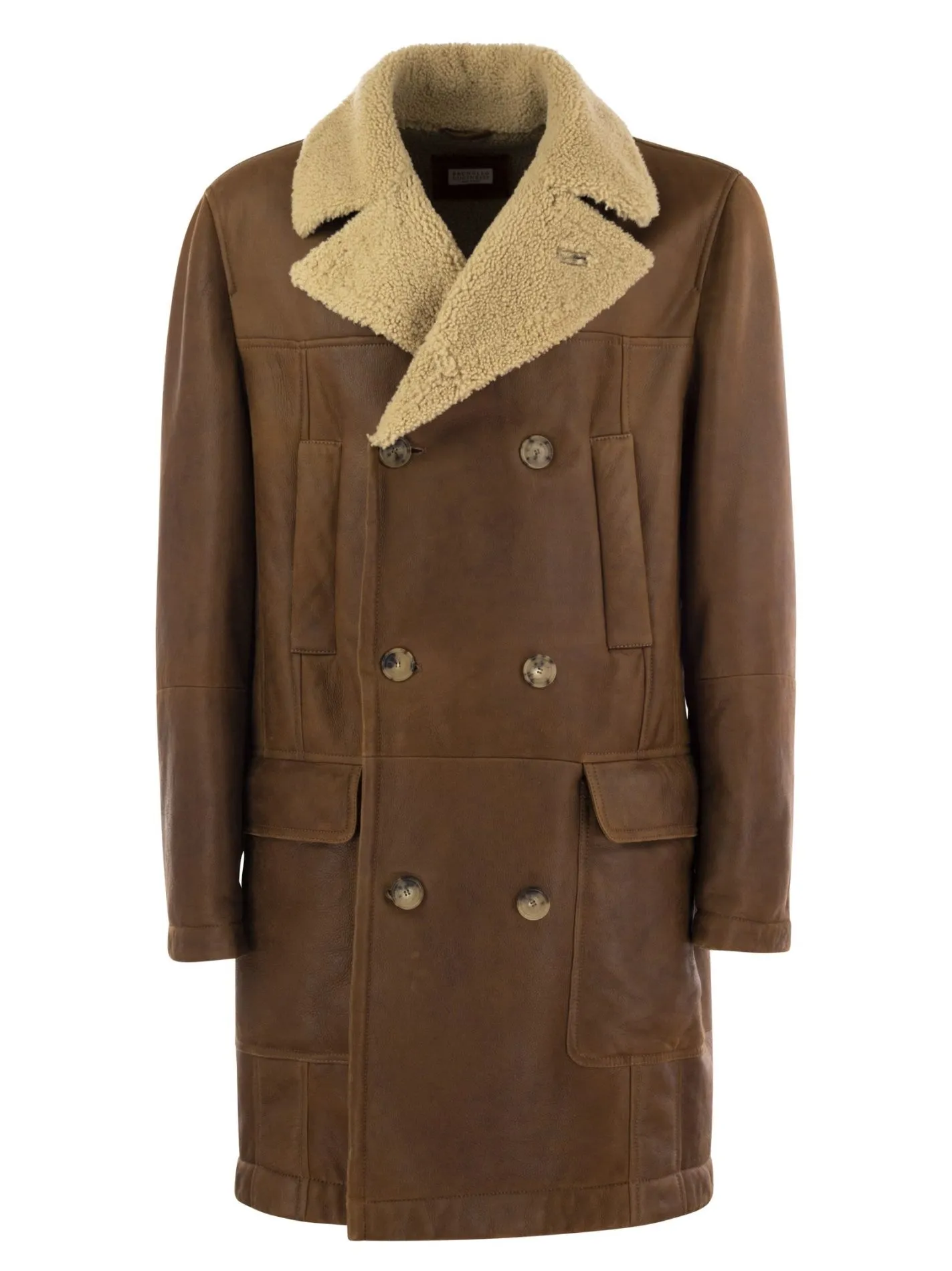 Double-breasted coat in napped shearling