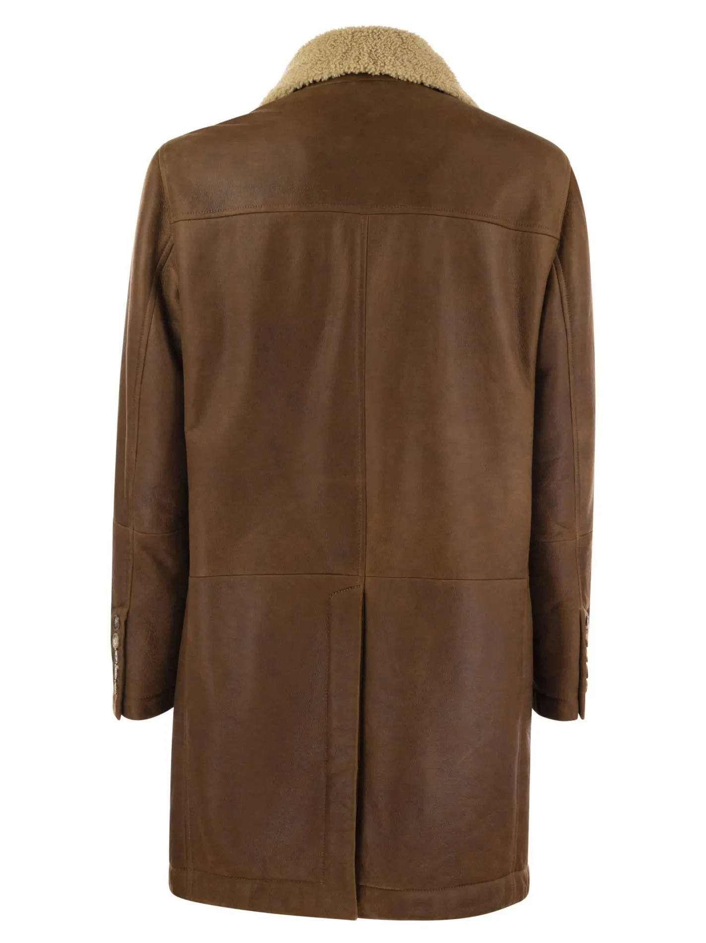 Double-breasted coat in napped shearling