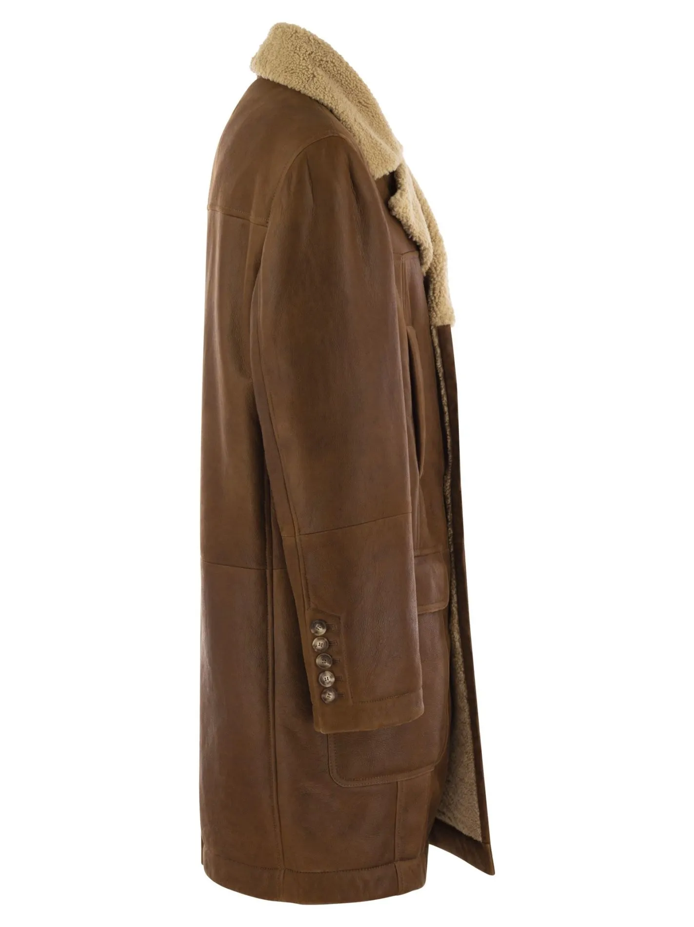 Double-breasted coat in napped shearling