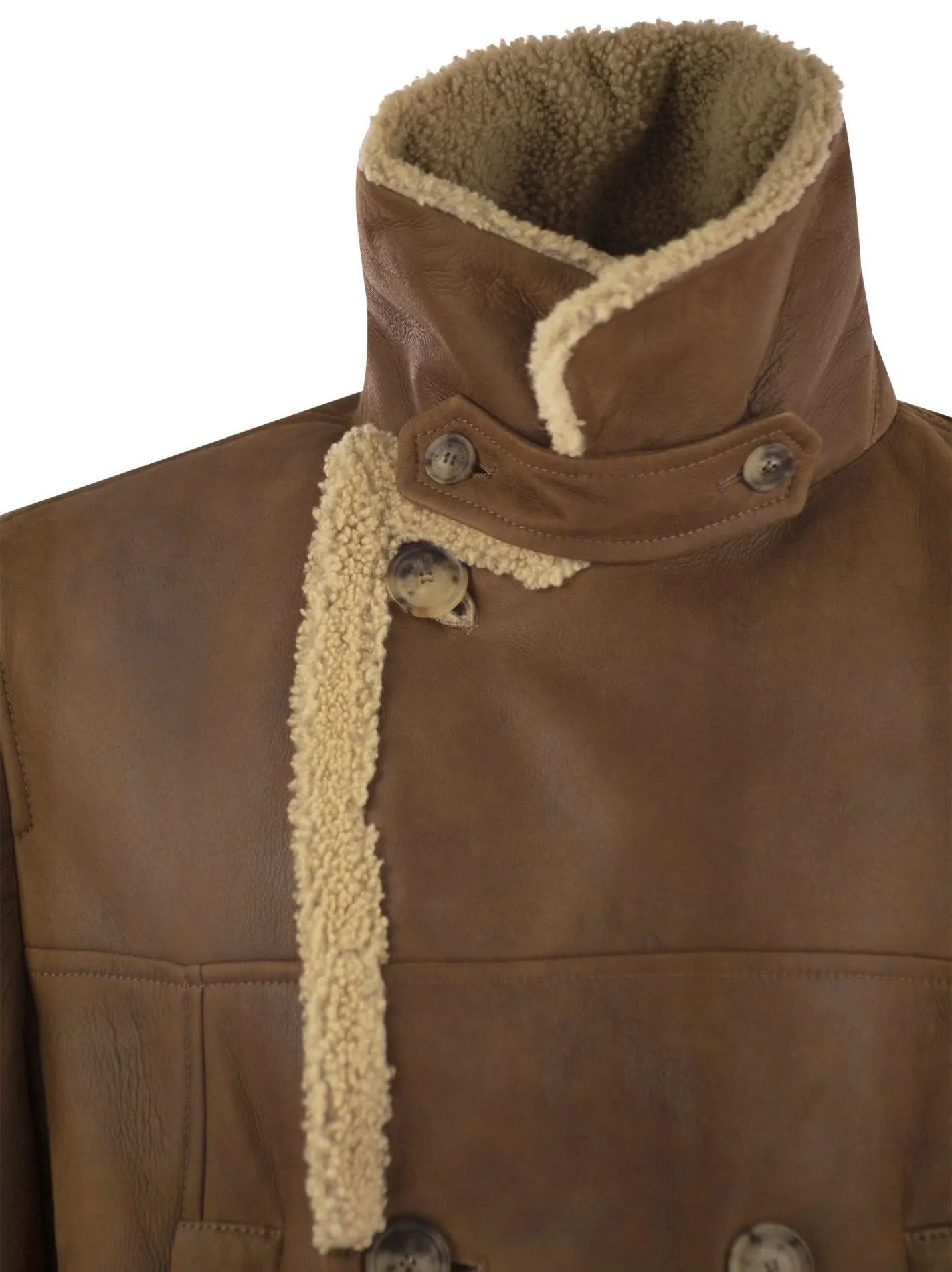 Double-breasted coat in napped shearling