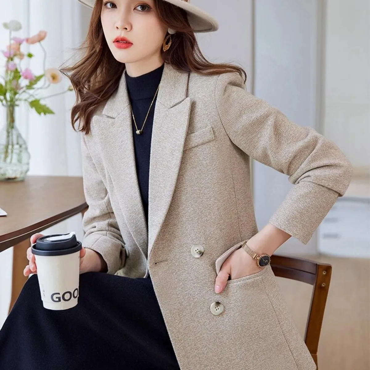 Giacca da donna autunno inverno giacca da donna giacca casual femminile a maniche lunghe caffè albicocca nera