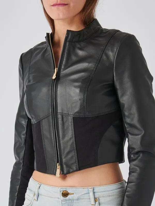 Giacca donna Pinko in pelle e drill di cotone Nero
