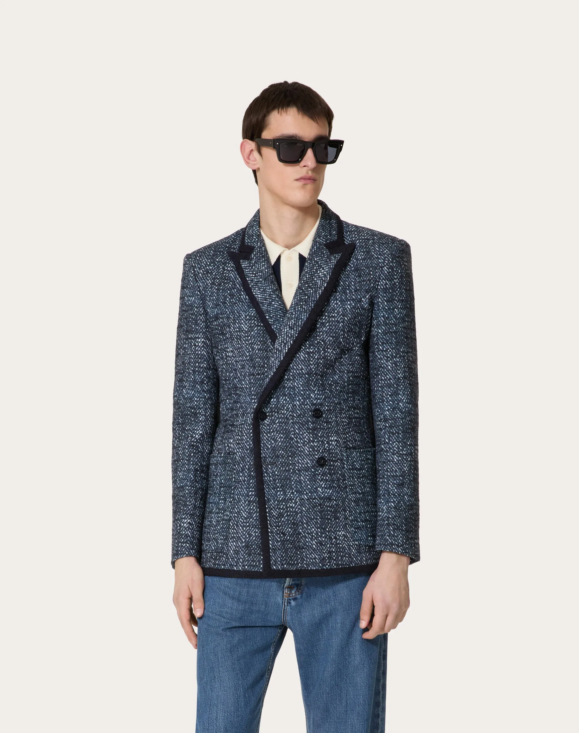 GIACCA DOPPIOPETTO IN TWEED DI COTONE E VISCOSA CON STAMPA MICROCHEVRON