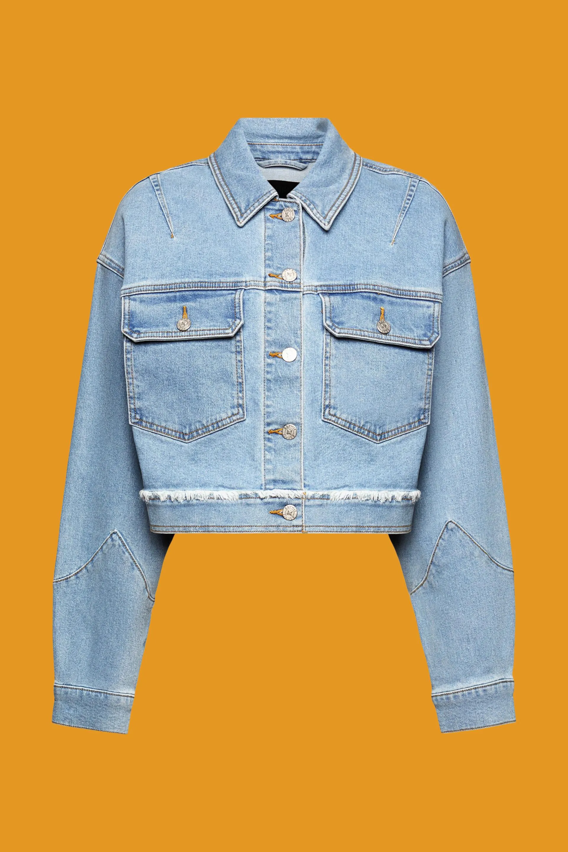 Giacca in denim cropped con bordo sfrangiato