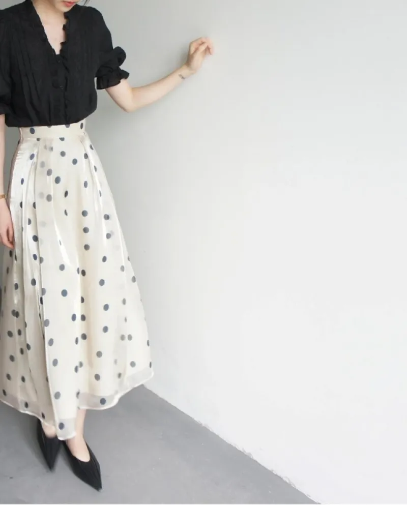 Gonna al ginocchio con stelle filanti a pois retrò Camicia a maniche corte a bolle di fiori con motivo nero scuro