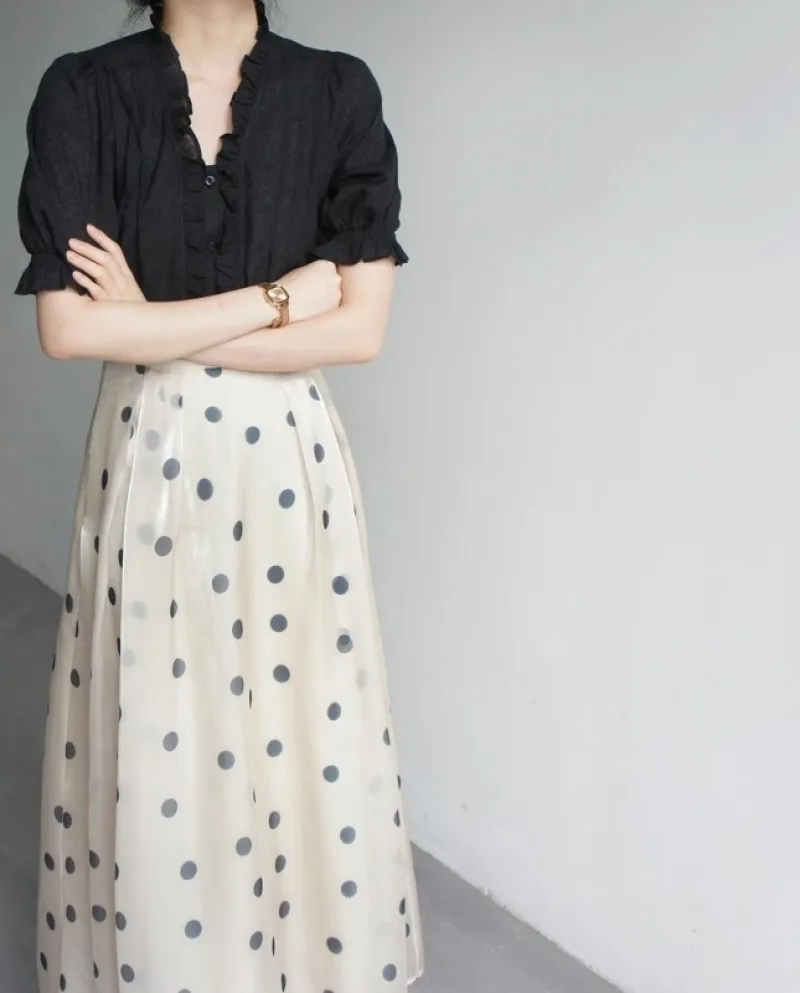 Gonna al ginocchio con stelle filanti a pois retrò Camicia a maniche corte a bolle di fiori con motivo nero scuro