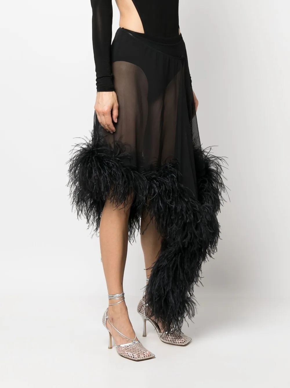 Gonna semitrasparente con piume mya in nero - donna