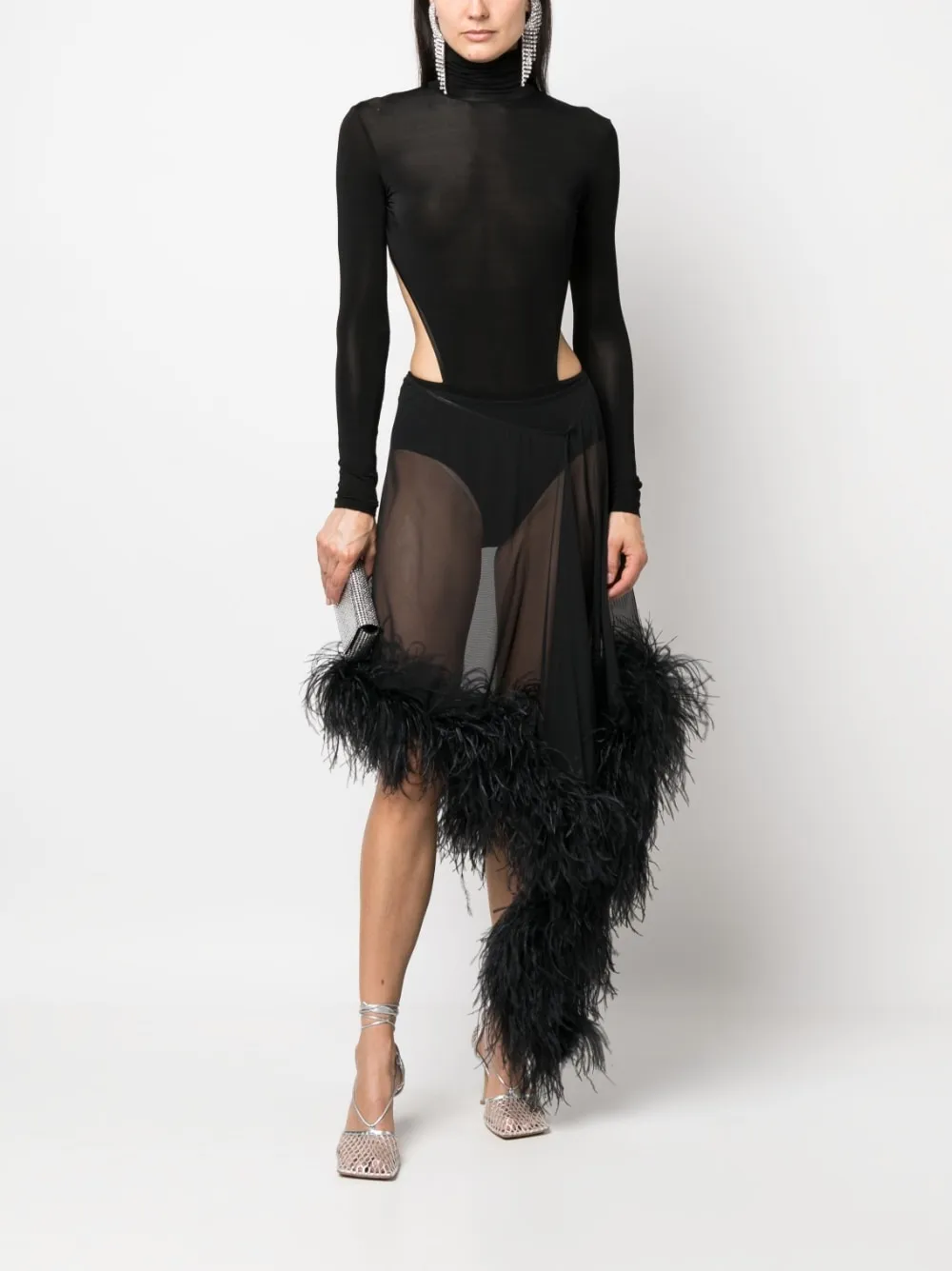 Gonna semitrasparente con piume mya in nero - donna