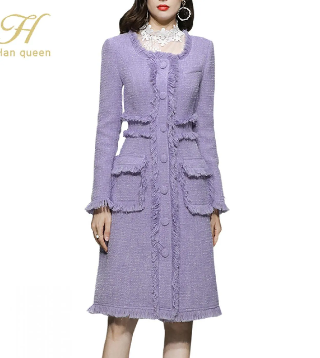 H Han Queen 2022 Nuovo Cappotto di Inverno Delle Donne del Vestito Elegante Tweed Nappa Monopetto Affari Abiti Casual Lavoro Del
