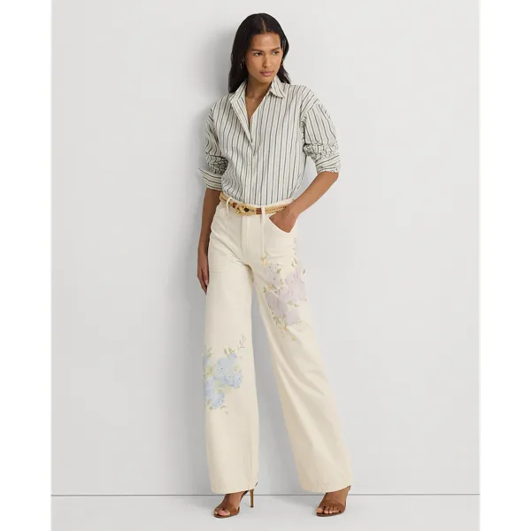 Jeans a vita alta e gamba larga a fiori