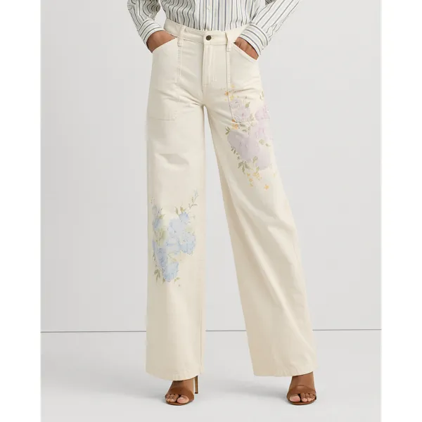 Jeans a vita alta e gamba larga a fiori