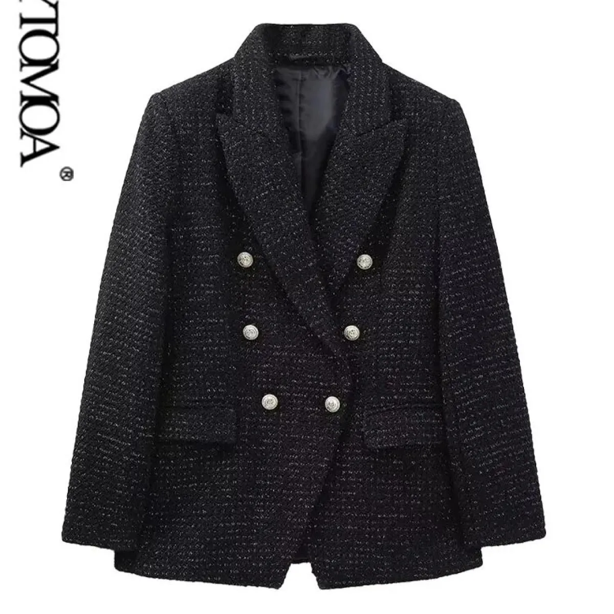 Kpytomoa Donna Moda Tweed Cappotto blazer doppiopetto Vintage Manica lunga Tasche con patta Capispalla femminile Chic Gilet F