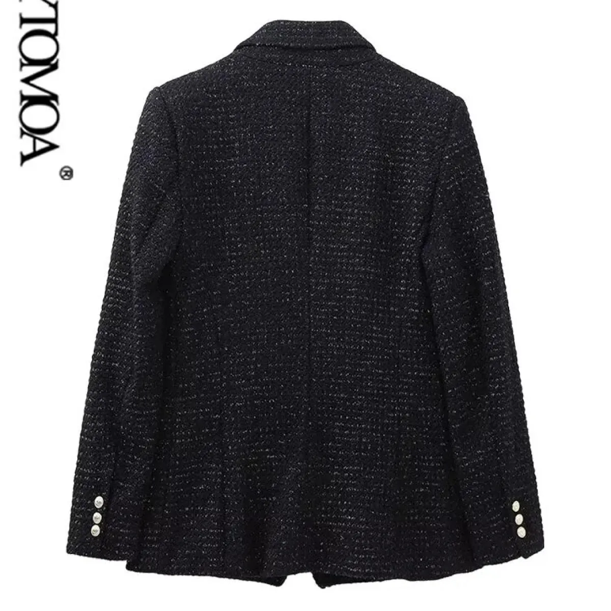 Kpytomoa Donna Moda Tweed Cappotto blazer doppiopetto Vintage Manica lunga Tasche con patta Capispalla femminile Chic Gilet F