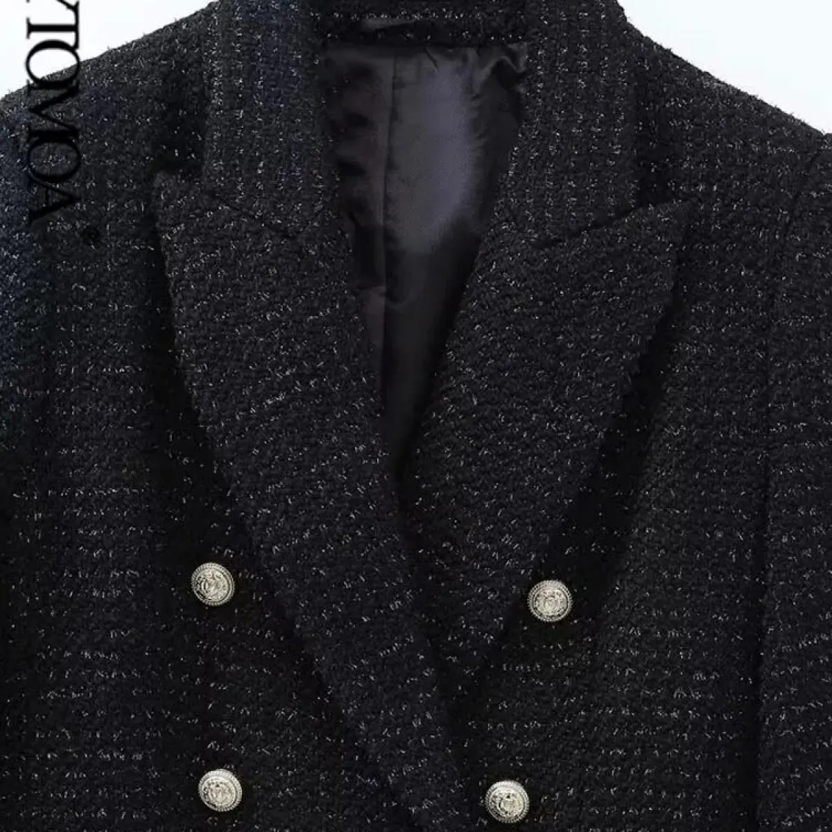 Kpytomoa Donna Moda Tweed Cappotto blazer doppiopetto Vintage Manica lunga Tasche con patta Capispalla femminile Chic Gilet F