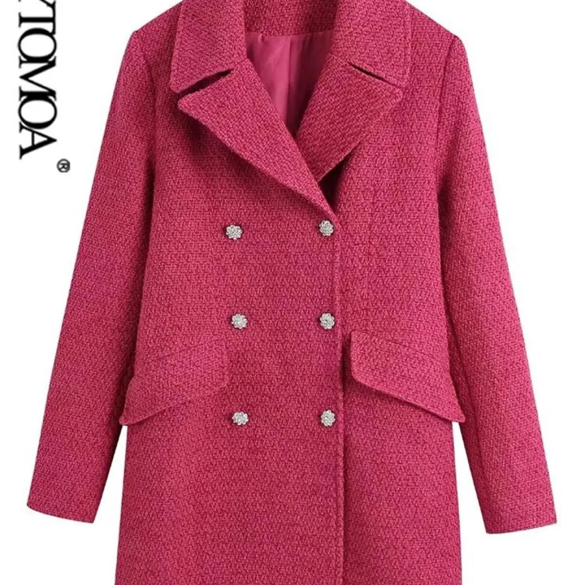 Kpytomoa Moda donna con bottoni con strass Cappotto in tweed Tasche vintage a maniche lunghe con patta Capispalla femminile Chic