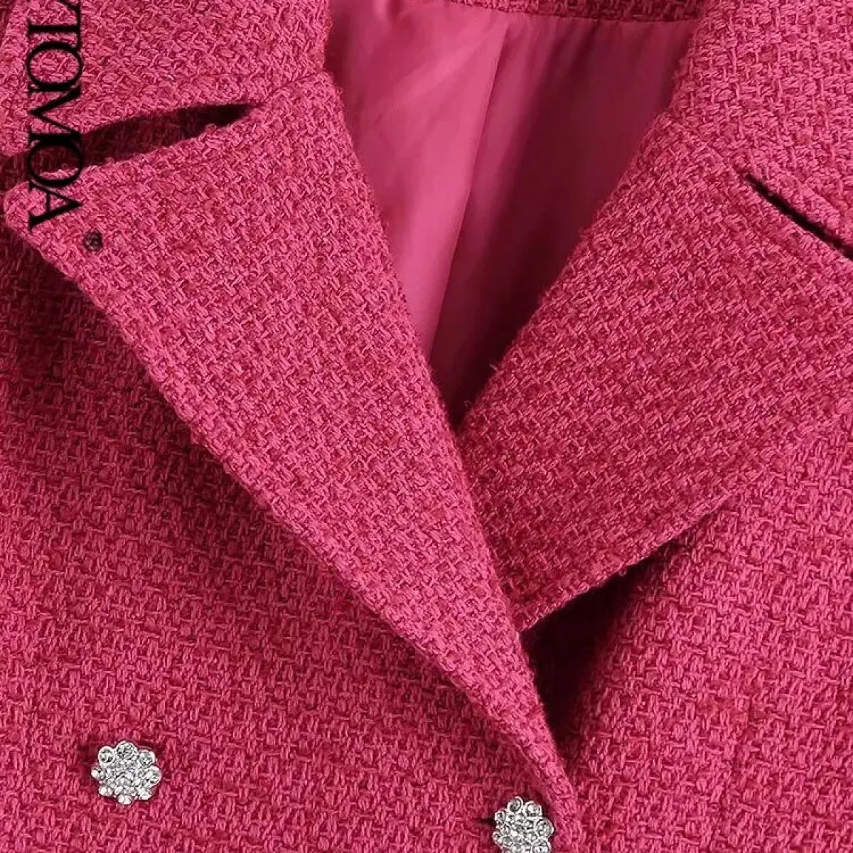 Kpytomoa Moda donna con bottoni con strass Cappotto in tweed Tasche vintage a maniche lunghe con patta Capispalla femminile Chic