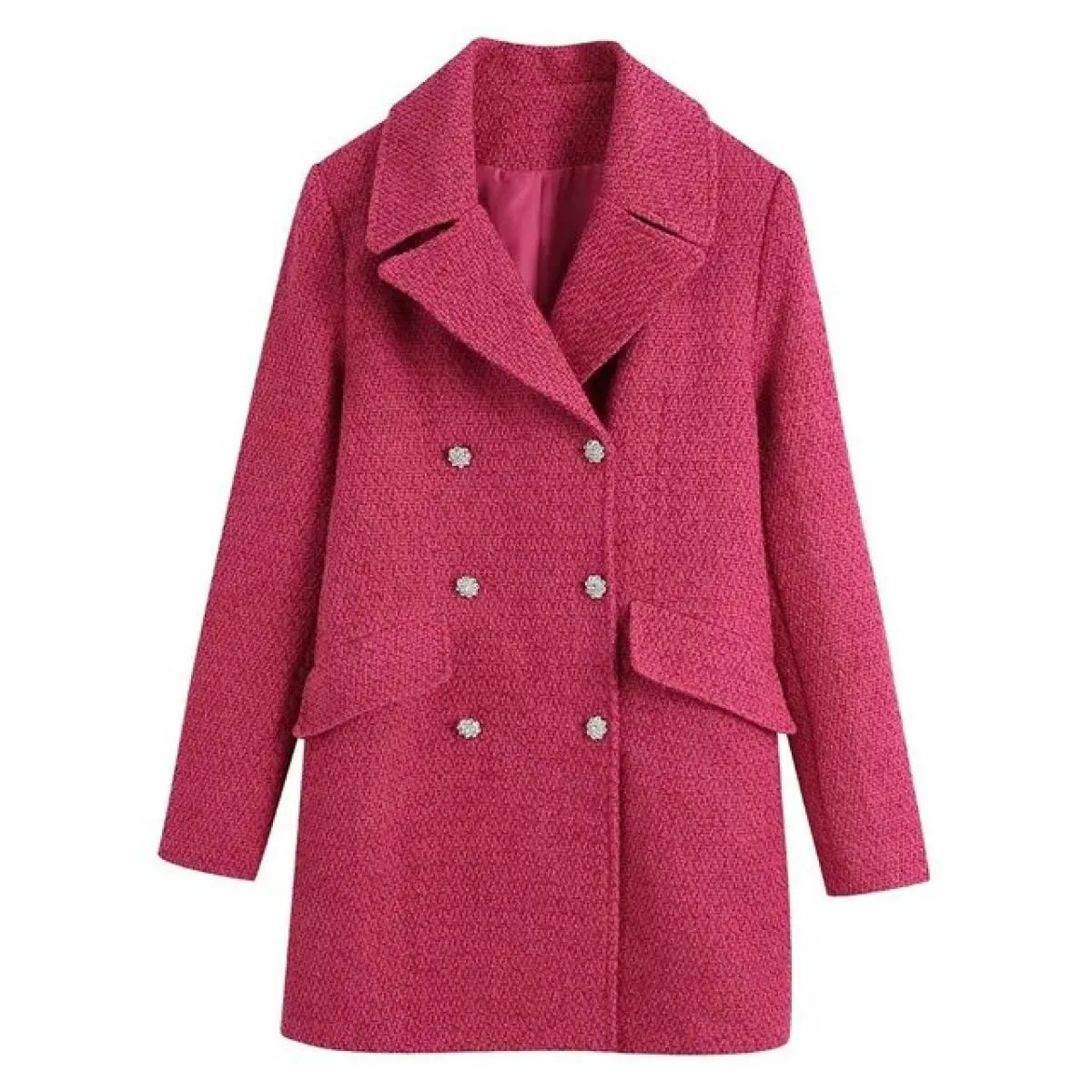Kpytomoa Moda donna con bottoni con strass Cappotto in tweed Tasche vintage a maniche lunghe con patta Capispalla femminile Chic