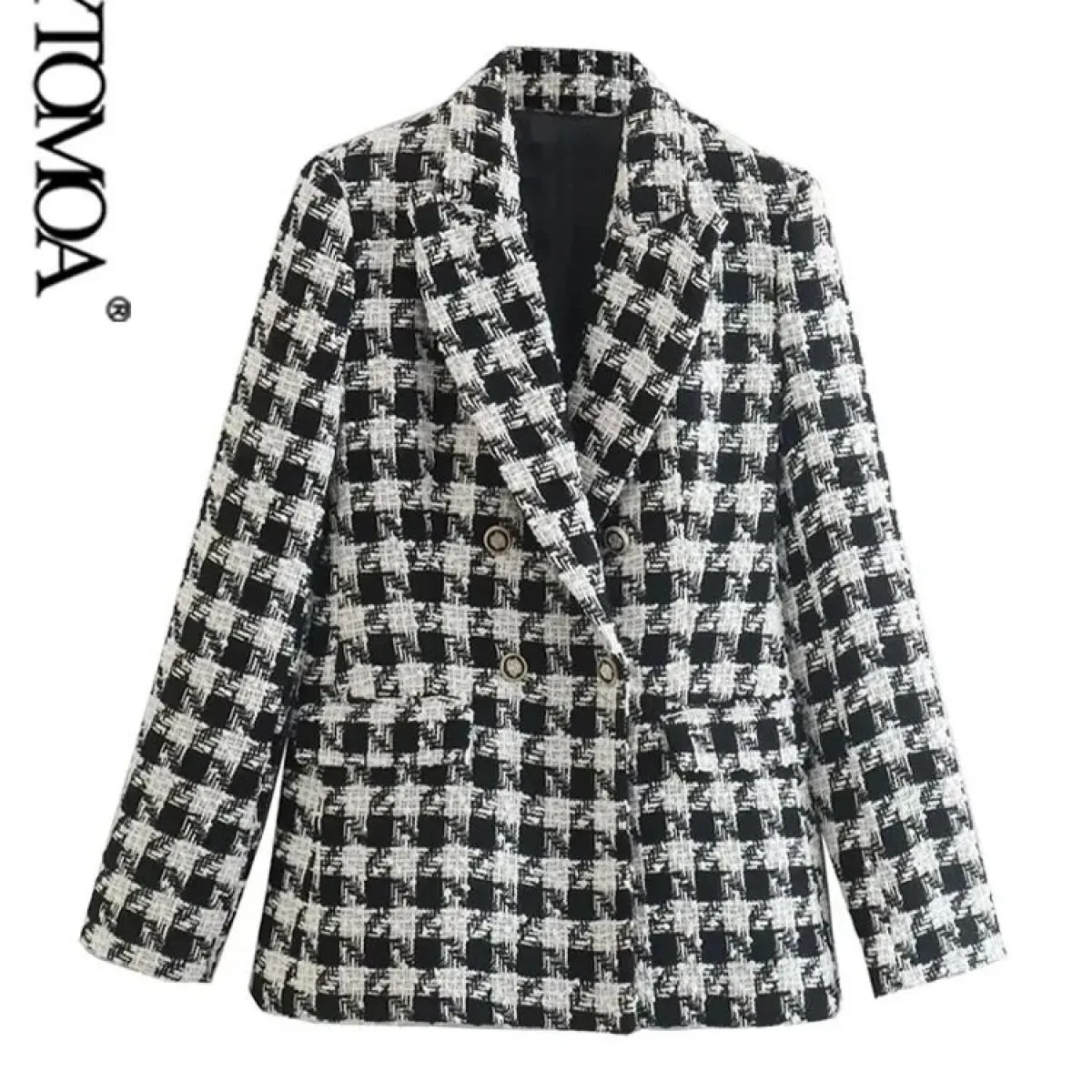 Kpytomoa Moda Donna Tweed Pied De Poule Giacca a Scacchi Cappotto Vintage Manica Lunga Tasche con Patta Capispalla Femminile Chi