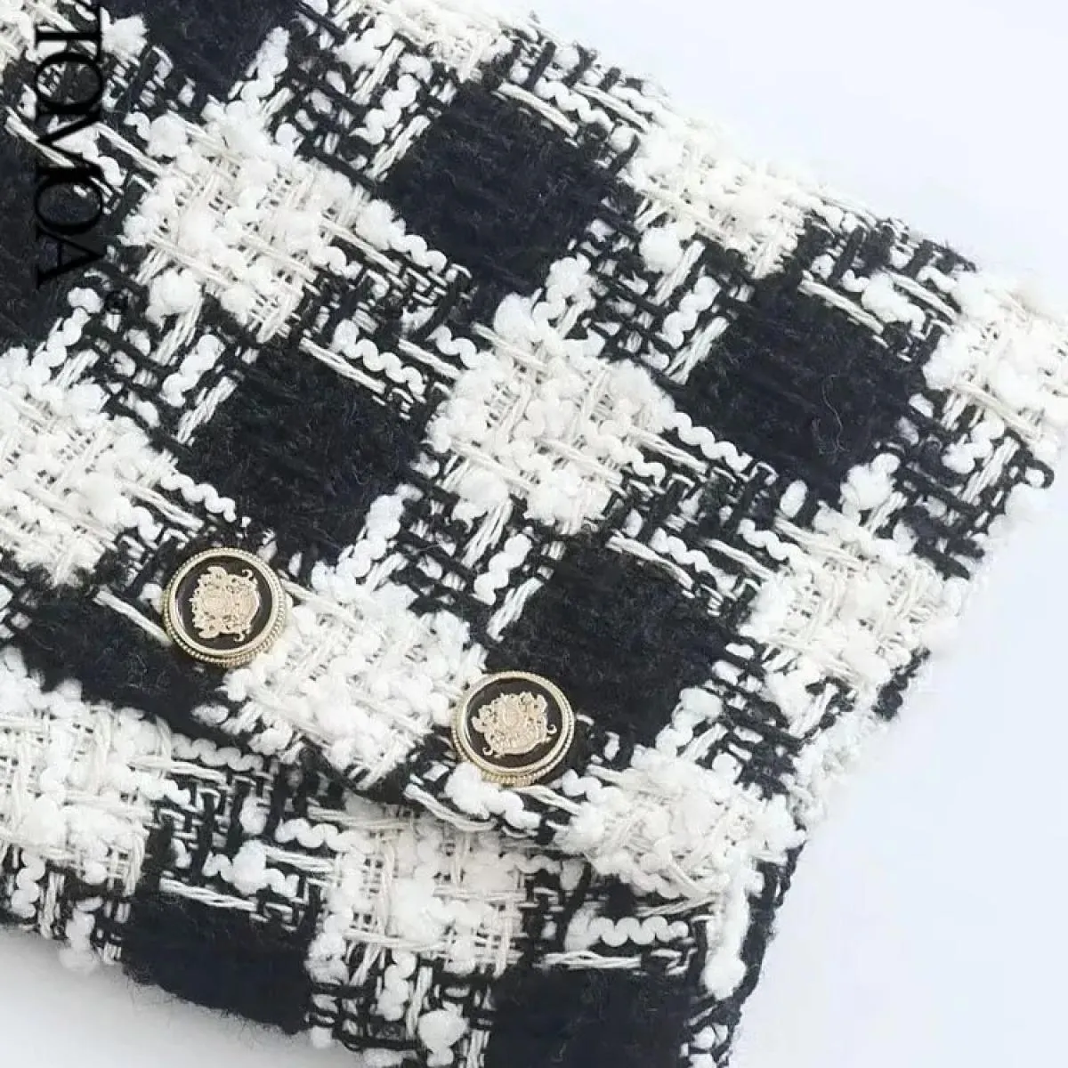Kpytomoa Moda Donna Tweed Pied De Poule Giacca a Scacchi Cappotto Vintage Manica Lunga Tasche con Patta Capispalla Femminile Chi