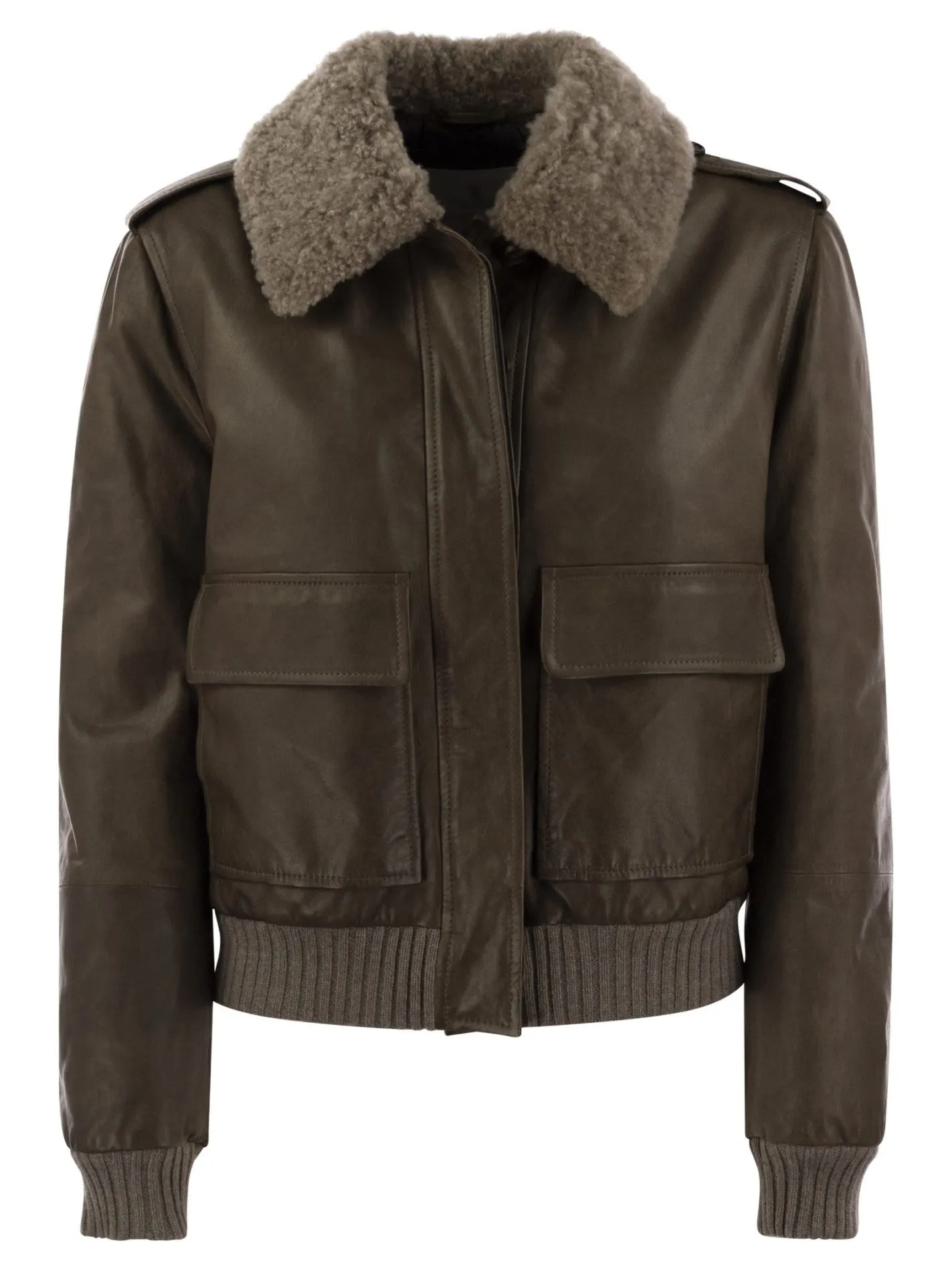 Leather bomber jacket and shearling collar
