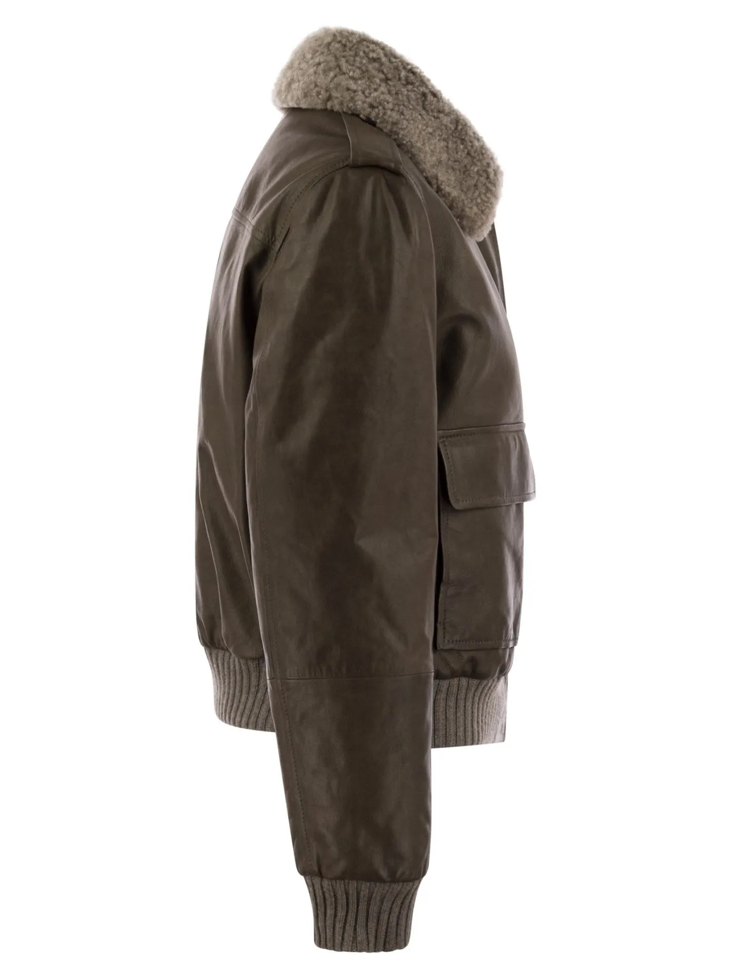 Leather bomber jacket and shearling collar