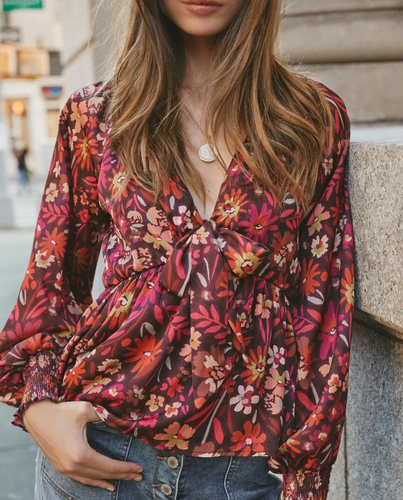 Nuova maglia a maniche lunghe a vita alta con fiocco con scollo a V