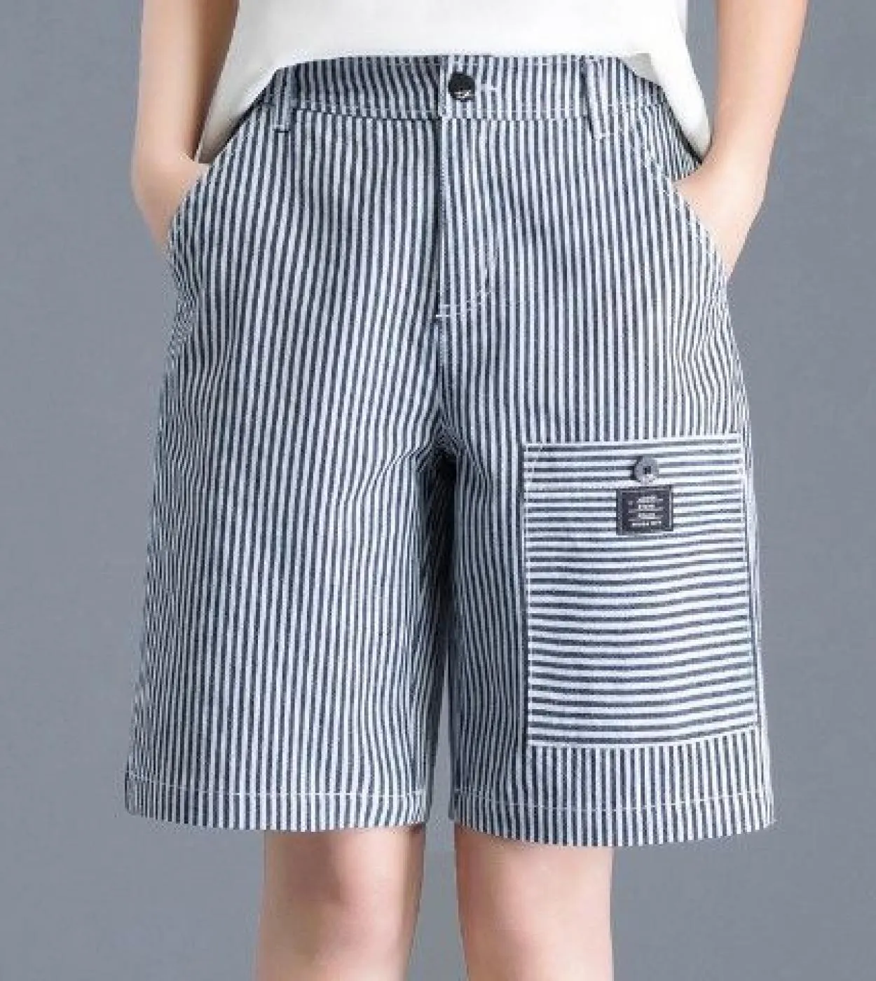 Nuovo arrivo Summer Arts Style Donna Casual Pantaloni larghi al ginocchio Pantaloni a gamba larga in lino di cotone a righe con