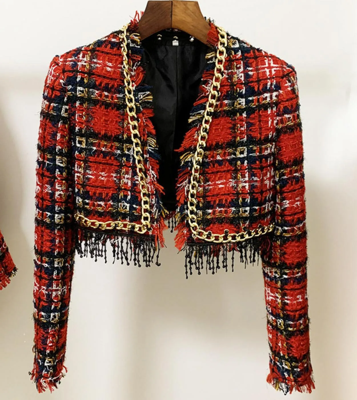 Nuovo autunno inverno catena di metallo nappa paillettes frange plaid tweed giacca corta cappotto di alta qualità giacche O114