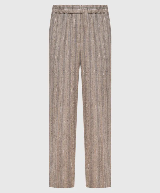 Peserico Pantaloni in lana a righe beige con catena monil A0457206458