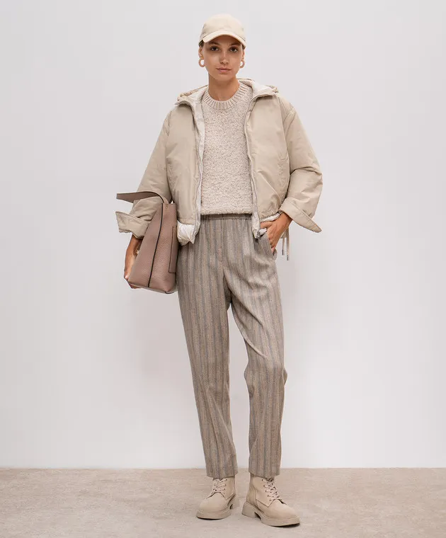 Peserico Pantaloni in lana a righe beige con catena monil A0457206458