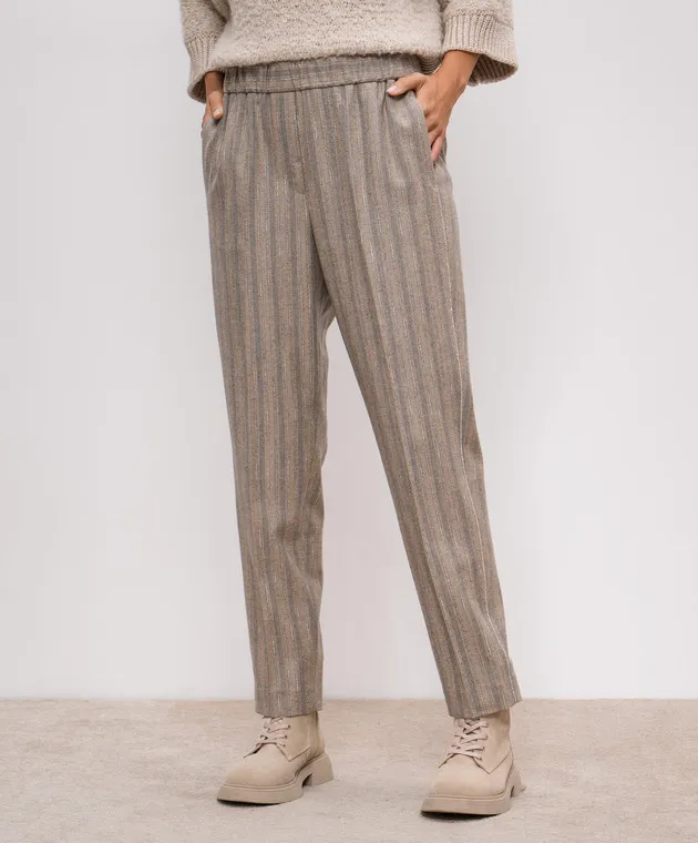 Peserico Pantaloni in lana a righe beige con catena monil A0457206458