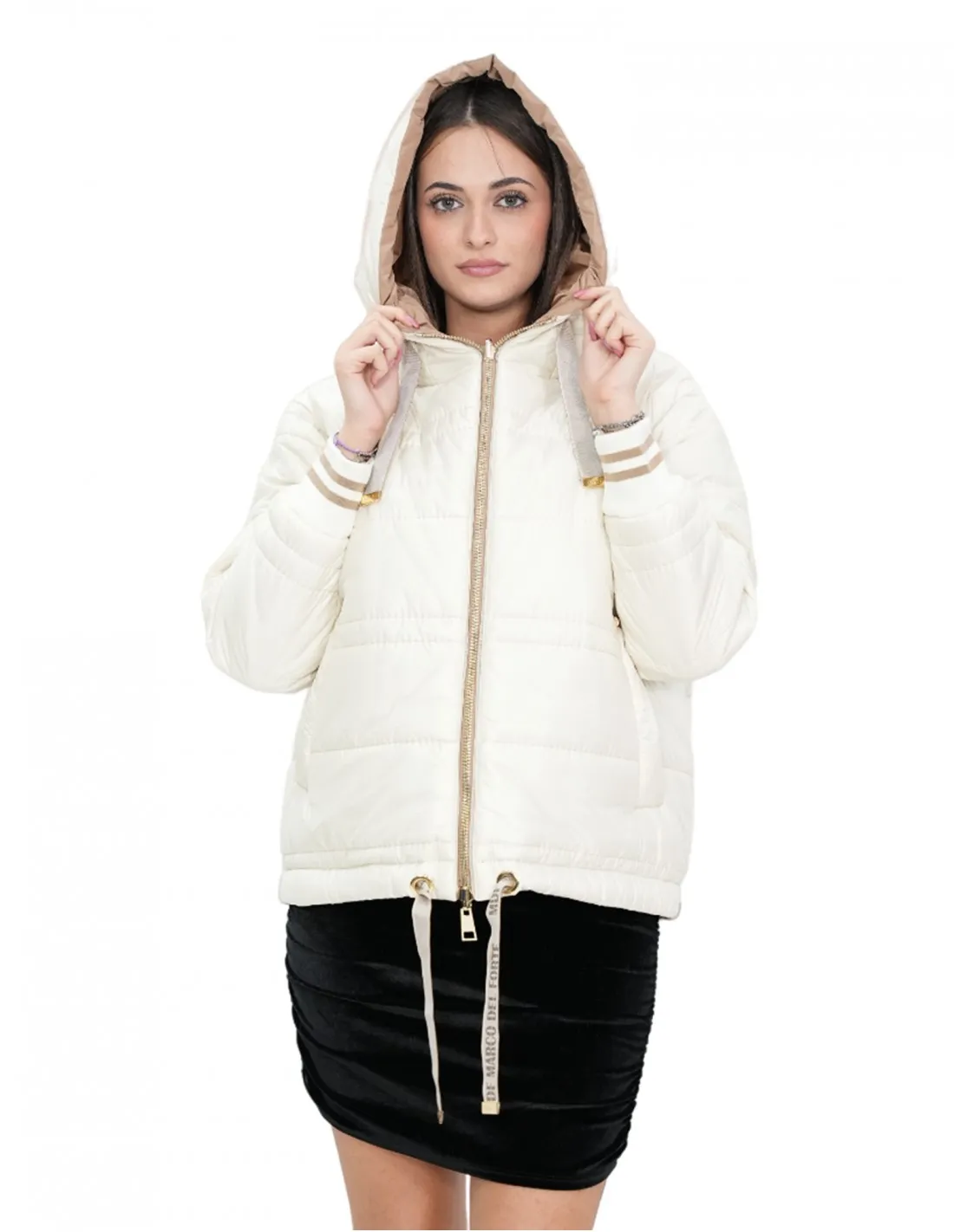 Piumino corto reversibile in vera piuma 42 beige e marrone manica lunga e cappuccio tasche esterne 
