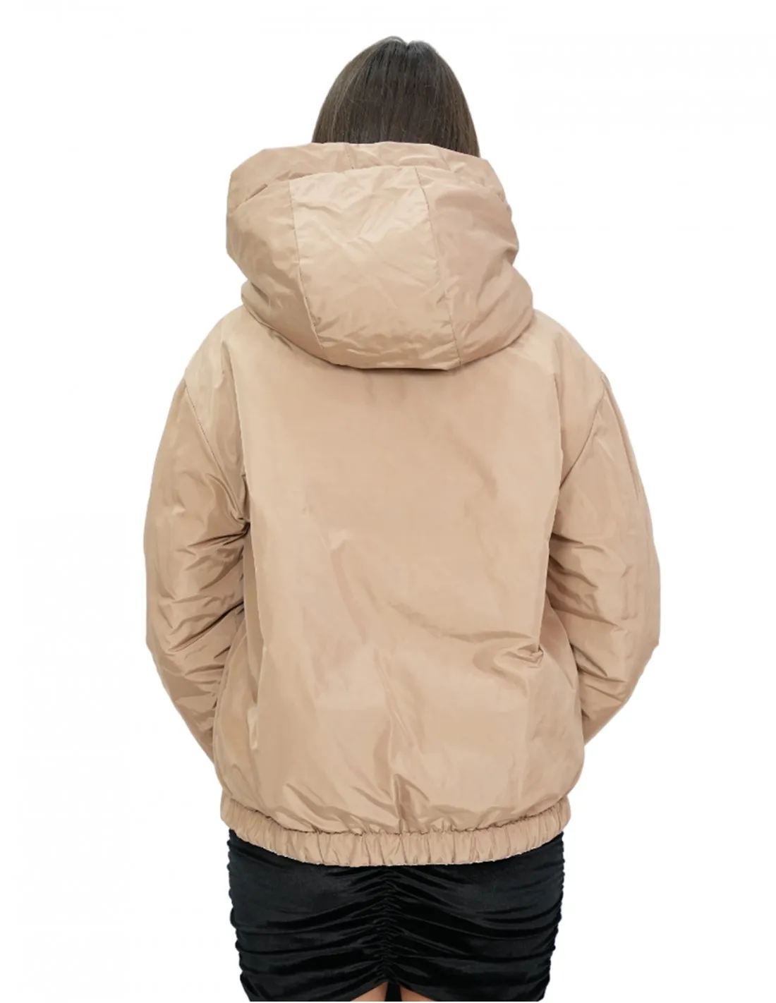 Piumino corto reversibile in vera piuma 42 beige e marrone manica lunga e cappuccio tasche esterne 