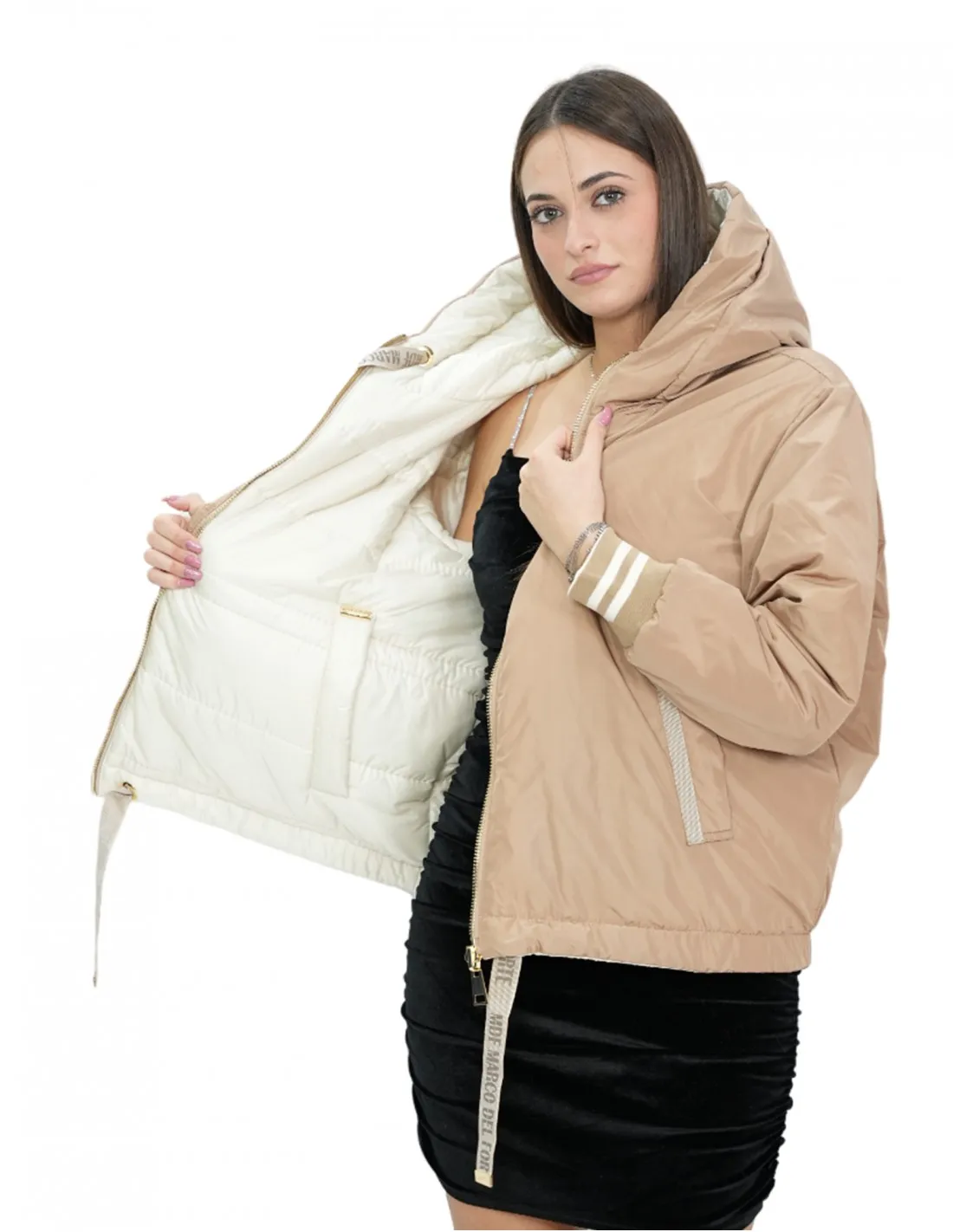 Piumino corto reversibile in vera piuma 42 beige e marrone manica lunga e cappuccio tasche esterne 