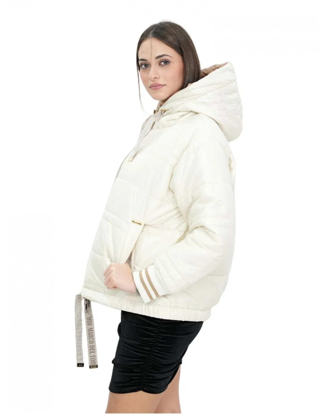 Piumino corto reversibile in vera piuma 42 beige e marrone manica lunga e cappuccio tasche esterne 