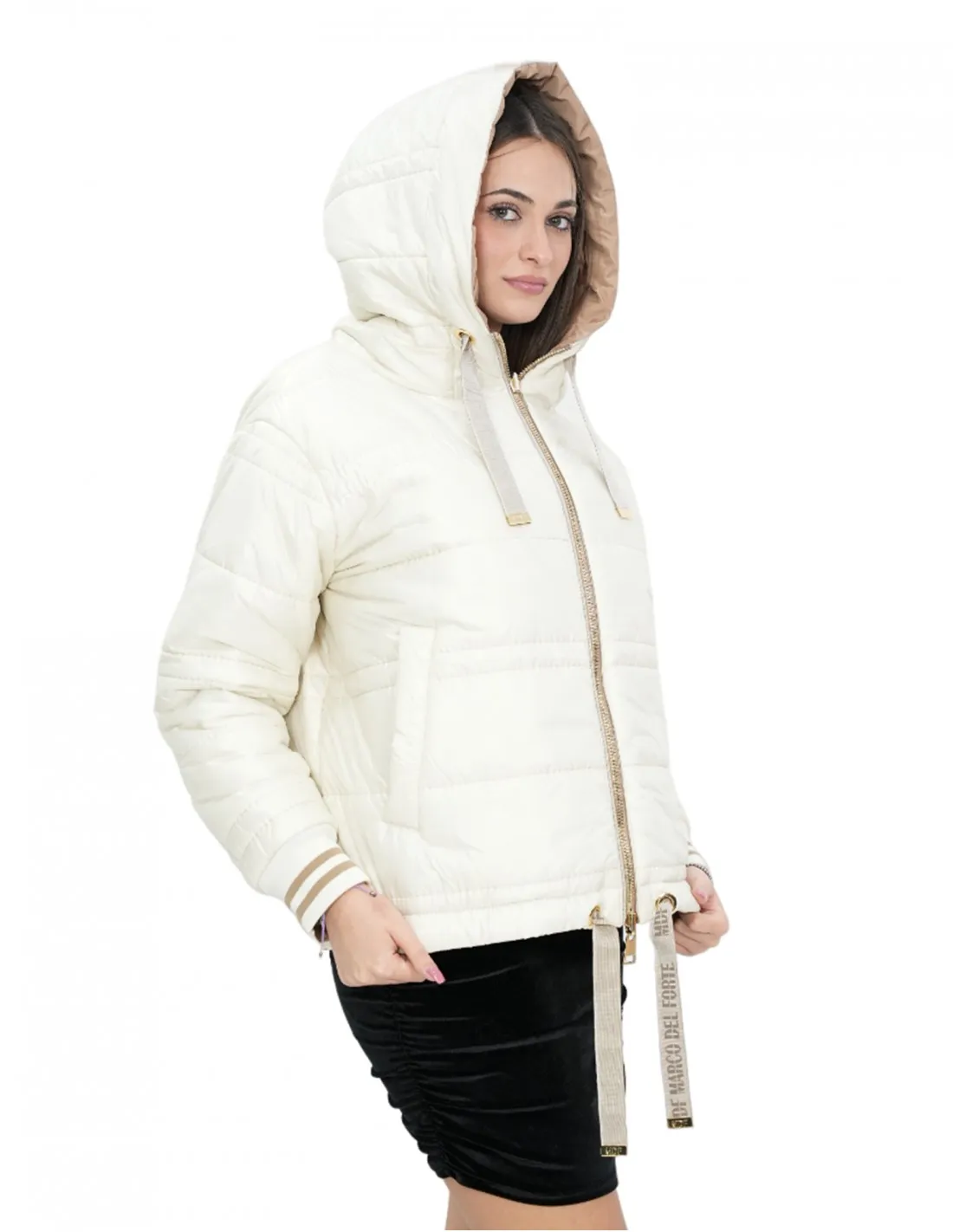 Piumino corto reversibile in vera piuma 42 beige e marrone manica lunga e cappuccio tasche esterne 