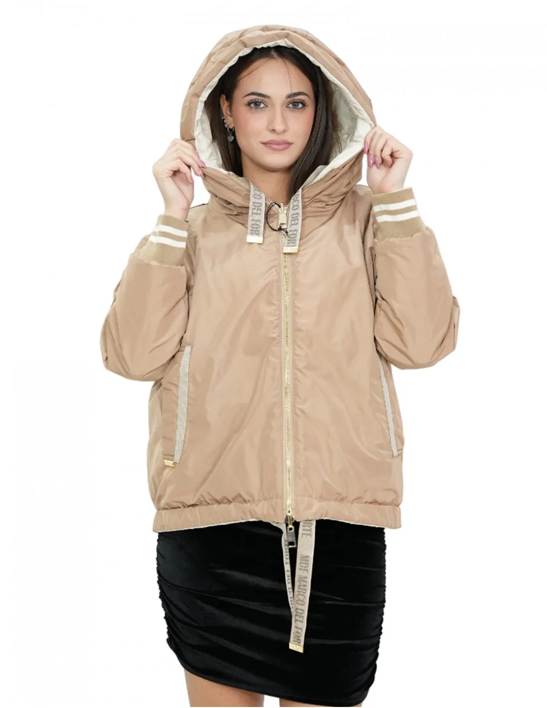 Piumino corto reversibile in vera piuma 42 beige e marrone manica lunga e cappuccio tasche esterne 