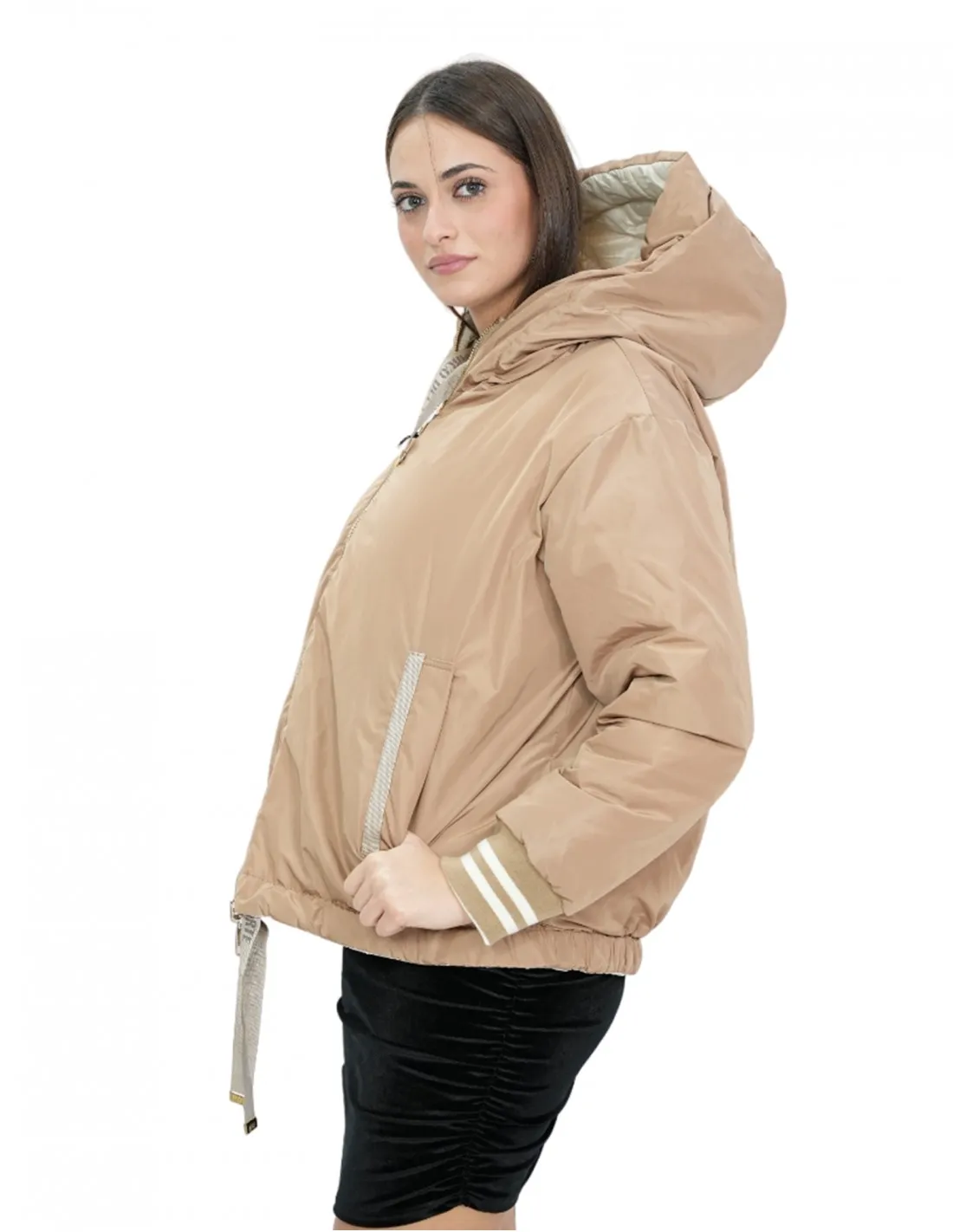 Piumino corto reversibile in vera piuma 42 beige e marrone manica lunga e cappuccio tasche esterne 