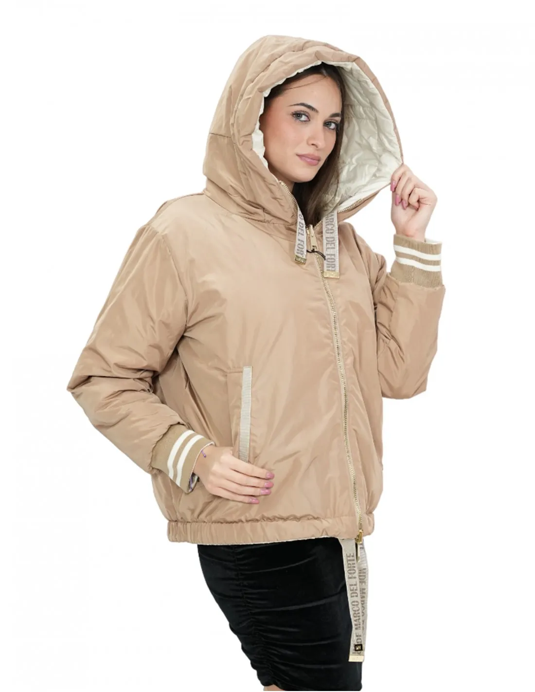 Piumino corto reversibile in vera piuma 42 beige e marrone manica lunga e cappuccio tasche esterne 