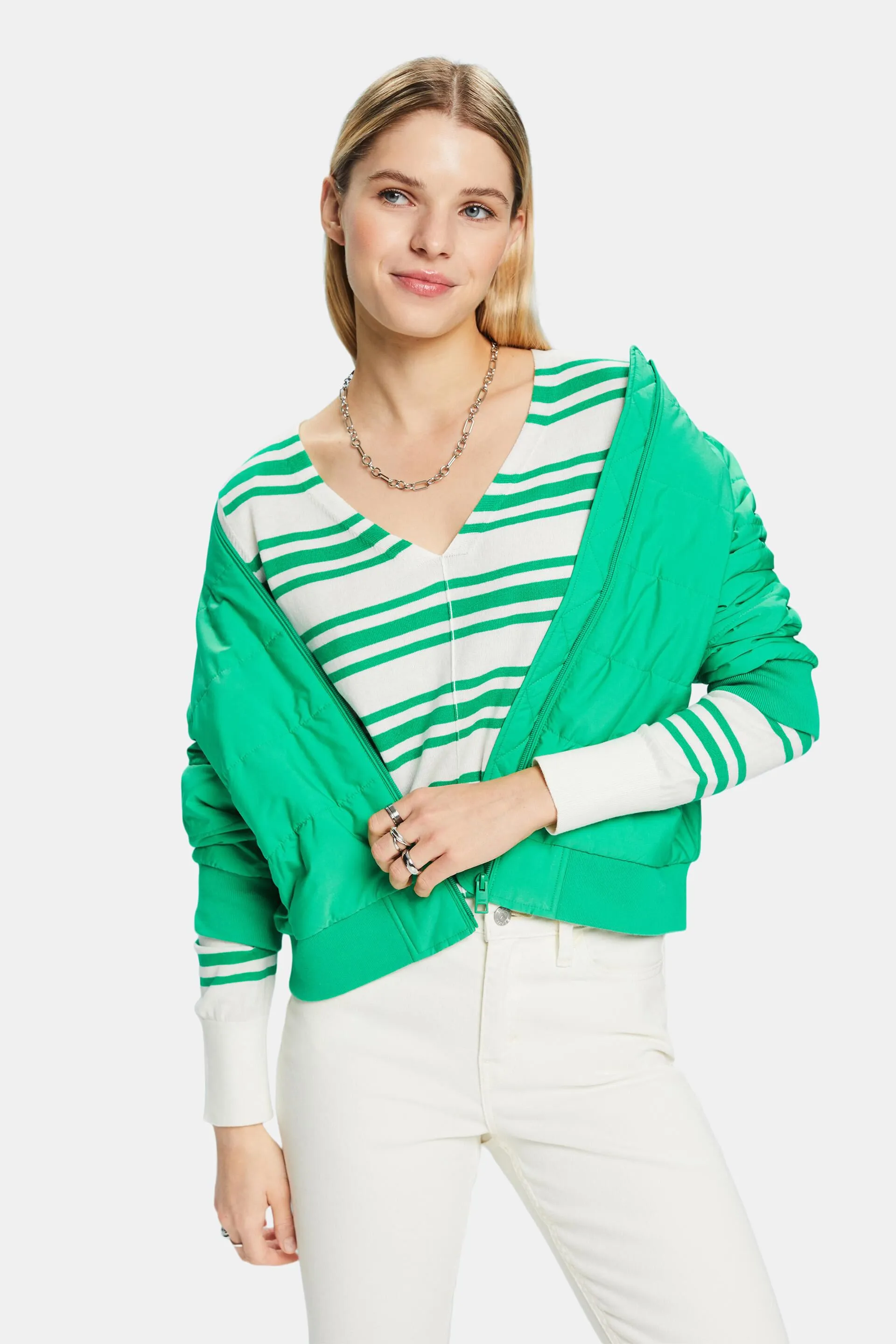 Pullover con scollo a V in cotone a righe